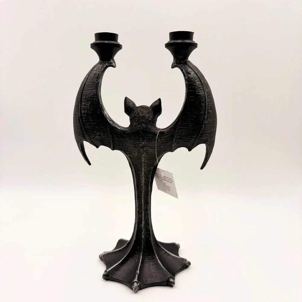 Gothic Bat Candelabra Double Taper Candle Holder Black Silver Halloween Decor